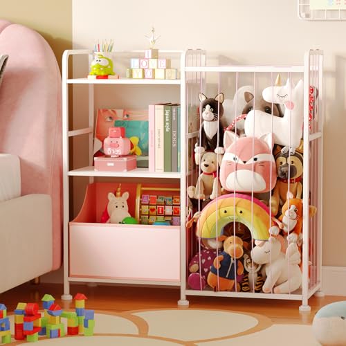BBLIKE Stuffed Animal Storage - Stuffed Animal Net with Kids Bookshelf and Toy Organizer, 2-Tier White Bookshelf with Stuffed Animal Holder and Fabric Toy Chest for Kids Room, Playroom, Nursery, White