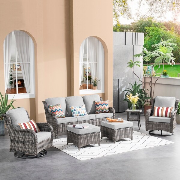 OVIOS 6piece Rattan Wicker Patio Furniture Set Swivel Gliding Chair Set
