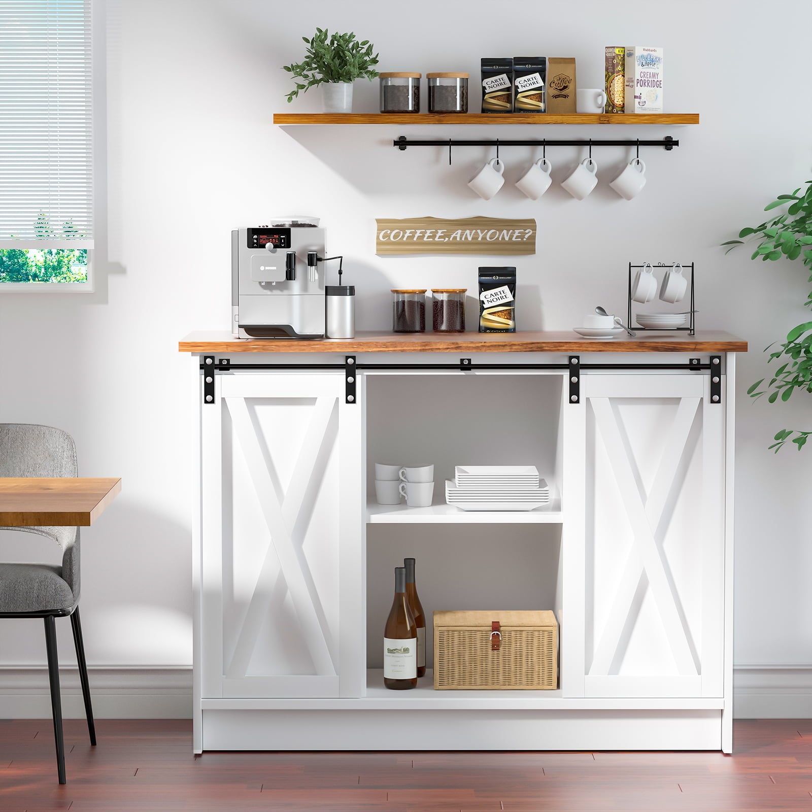 Catrimown Coffee Bar Cabinet , 42” Kitchen Buffet Sideboard Cabinet, Farmhouse  Sliding Barn Doors, 4 Adjustable Shelves, White