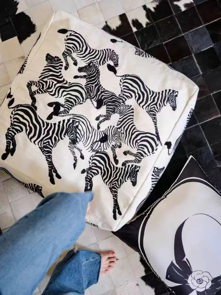 CH043 - Black and White Zebra Embroidered Pearl Pouf for Living Room