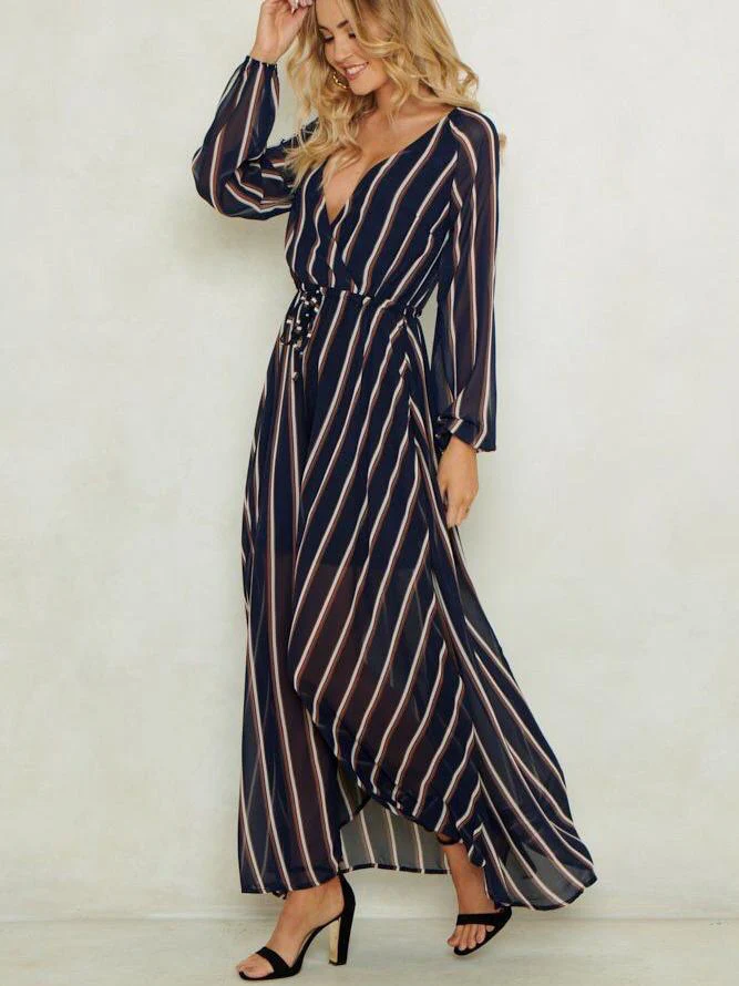 Striped Wrap Maxi Dress | Long Sleeve V-NeckClistos