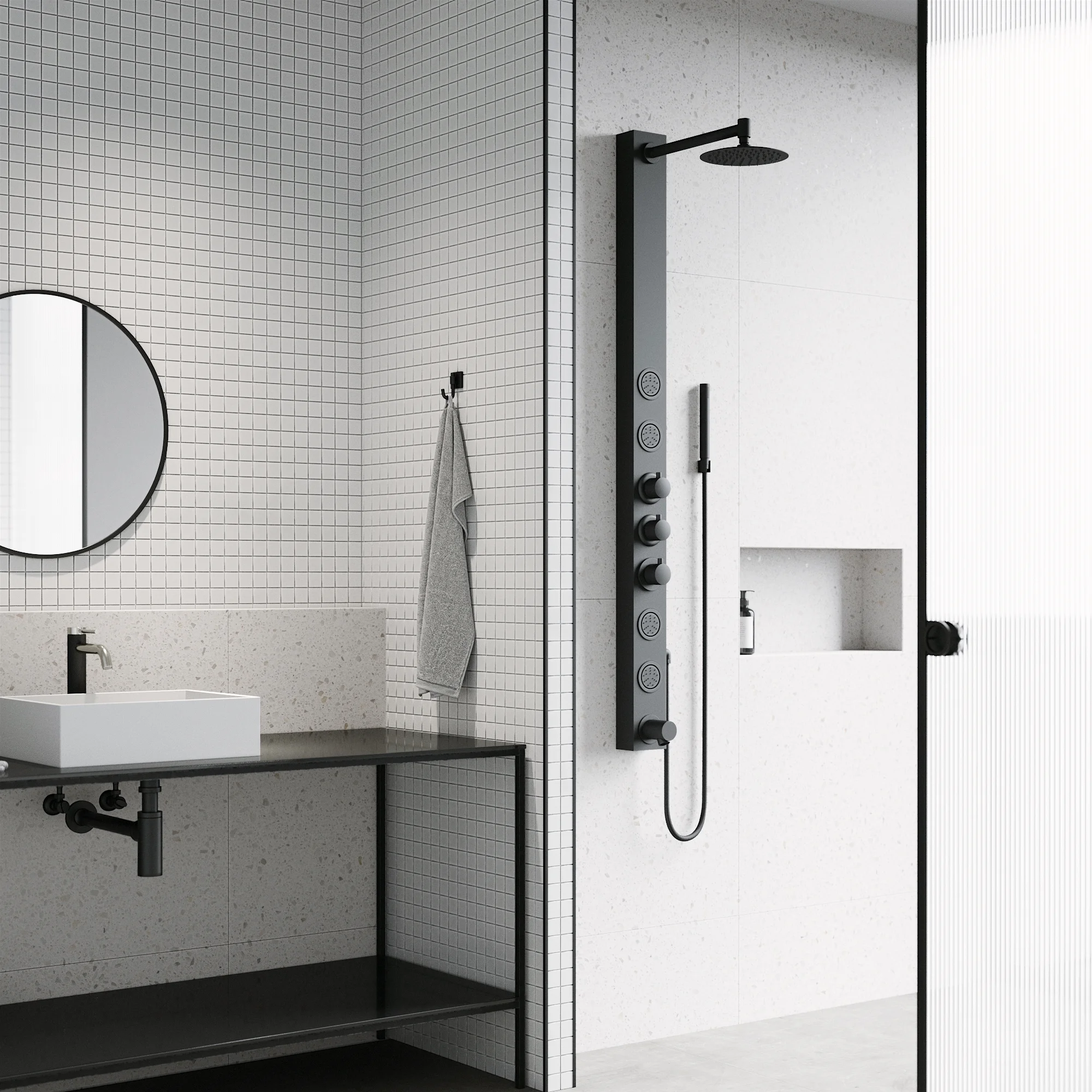 VIGO Bowery 58 in. H x 4 in. W 4-Jet Shower Panel System with Round Shower Head, Tub Filler and Hand Shower in Matte Black