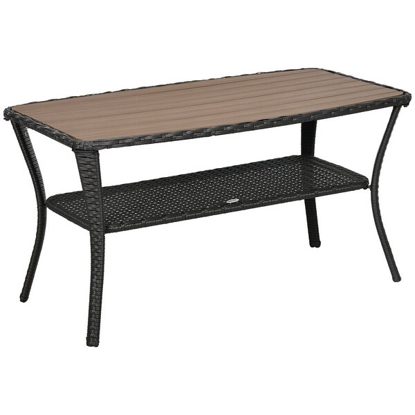 Patio PE Rattan Coffee Table with Storage Shelf,HandWoven Wicker Side Table,2Layer Table with Woodplastic Composite Top