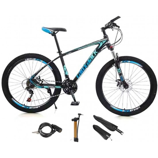 Mens Mountain Bike 27.5-Inch Wheels, Aluminum Frame, 21 Speed Thumb Shifter, Front Suspension, Dual Disc Brakes Women Adult Bicycles Blue-Black w/mudguards, Bike Lock, Air Pump