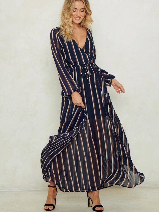 Striped Wrap Maxi Dress | Long Sleeve V-NeckClistos