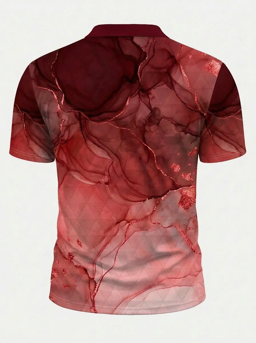 Moisture Wicking Golf Polo 3D Red Brown Watercolor Texture Button Short Sleeve Golf Polo Shirt