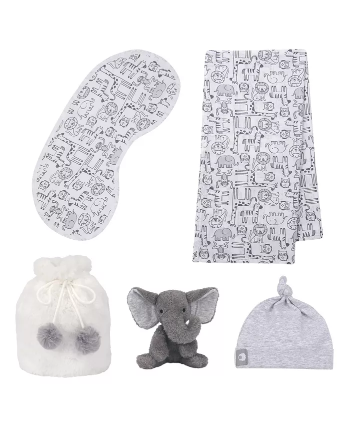 Lambs and Ivy 5 Piece Gray White Plush Infant Newborn Baby Gift Bag w  Swaddle