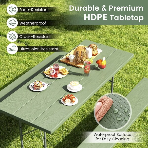 Folding Picnic Table Set with Metal Frame and AllWeather HDPE Tabletop,Umbrella Hole