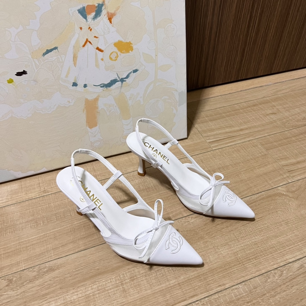 Chanel Cc Leather Pointy Toe Pumps Slingbacks Sandals White