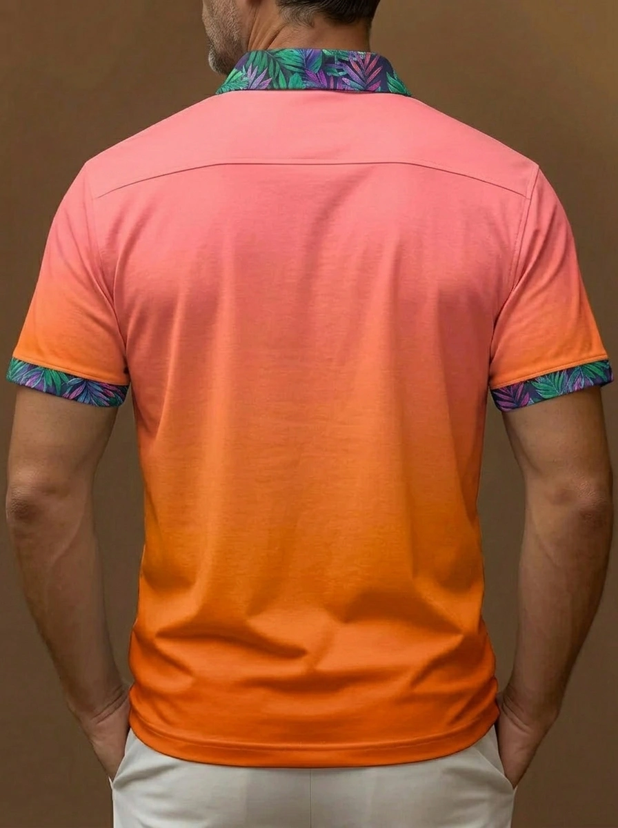 Coral Orange Gradient Tropical Trim Short Sleeve Golf Polo Shirt