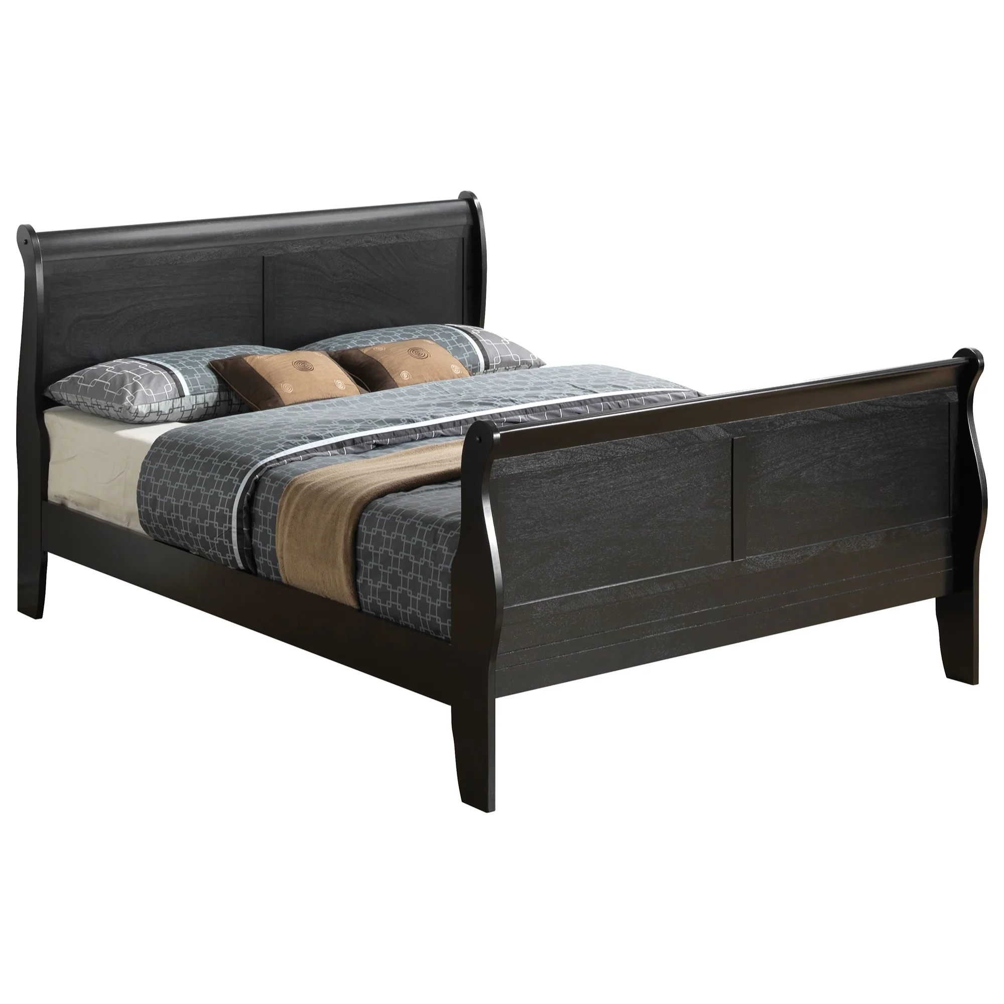 Passion Furniture Louis Philippe Sleigh Wood Bed with High Footboard, Black - King Size
