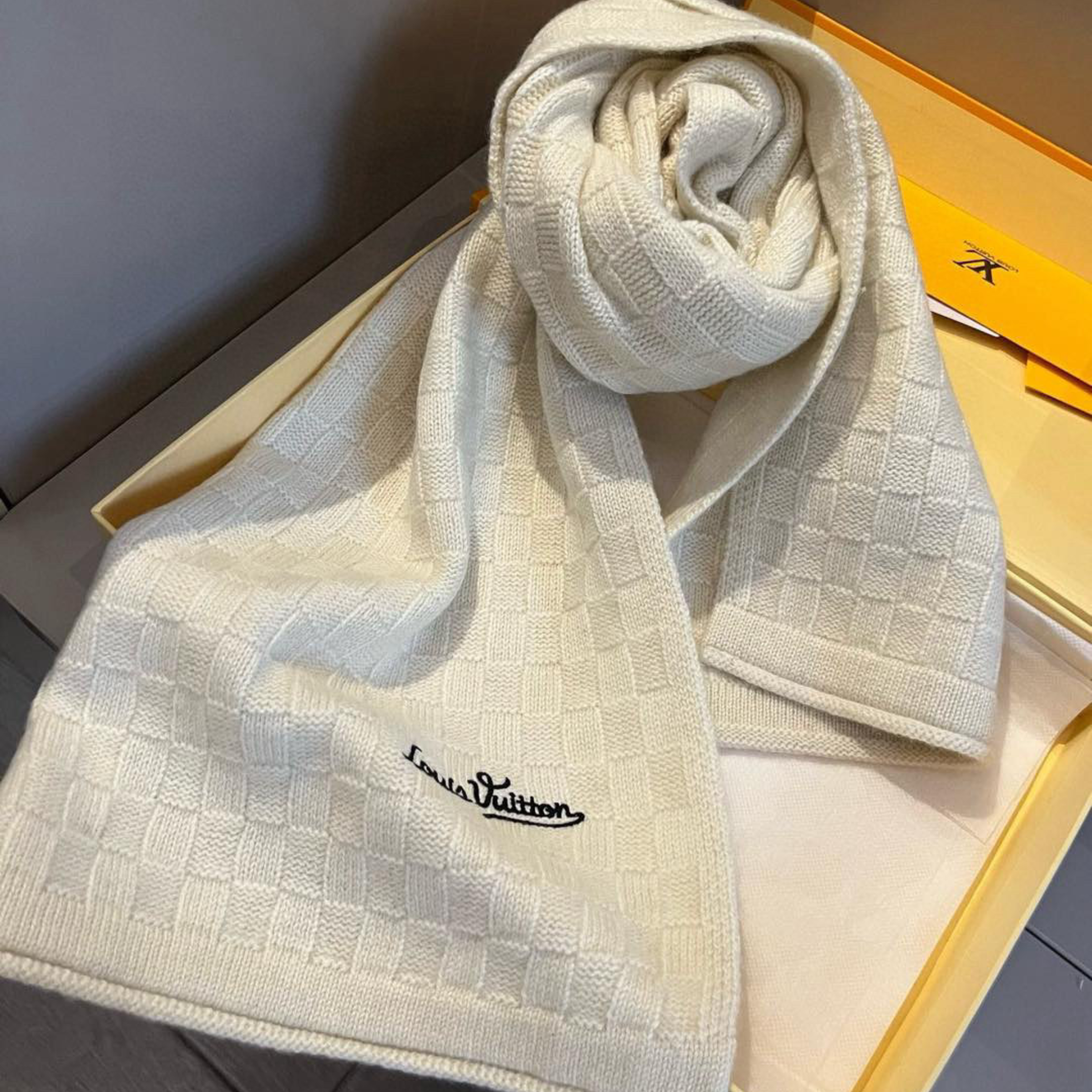 Louis Vuitton Damier Check Scarf Cream For Women 180cm