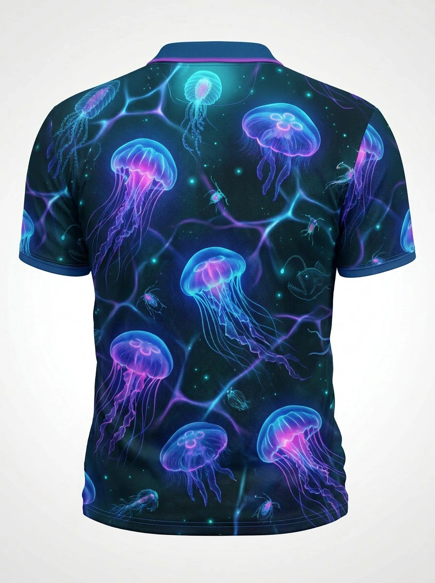 Moisture Wicking Golf Polo 3D Blue Purple Glow Jellyfish Button Short Sleeve Golf Polo Shirt