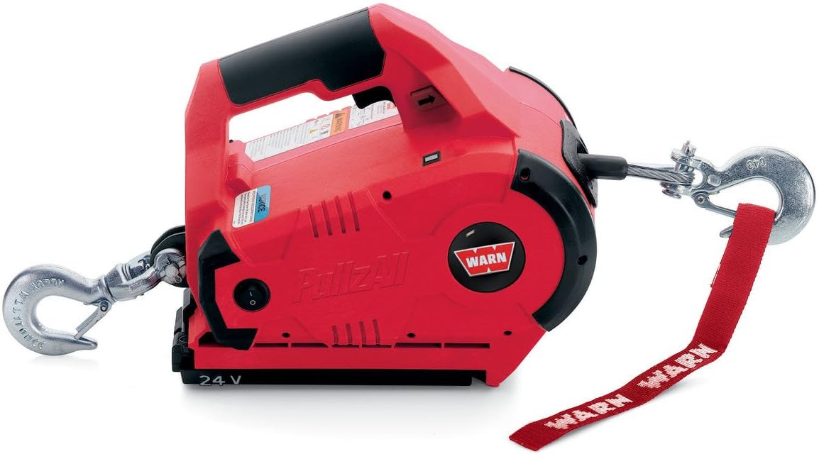 885005 PullzAll Cordless 24V DC Portable Electric Winch with Steel Cable and 2 Rechargeable Battery Packs: 1/2 Ton (1,000 lb) Pulling Capacity, red