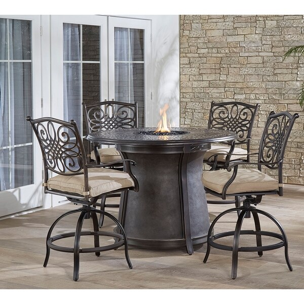 Hanover Traditions 5Piece HighDining Set with 4 Swivel Chairs and a 40,000 BTU Casttop Fire Pit Table