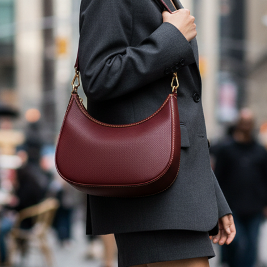 Burgundy Textured Leather Crescent Hobo Bag