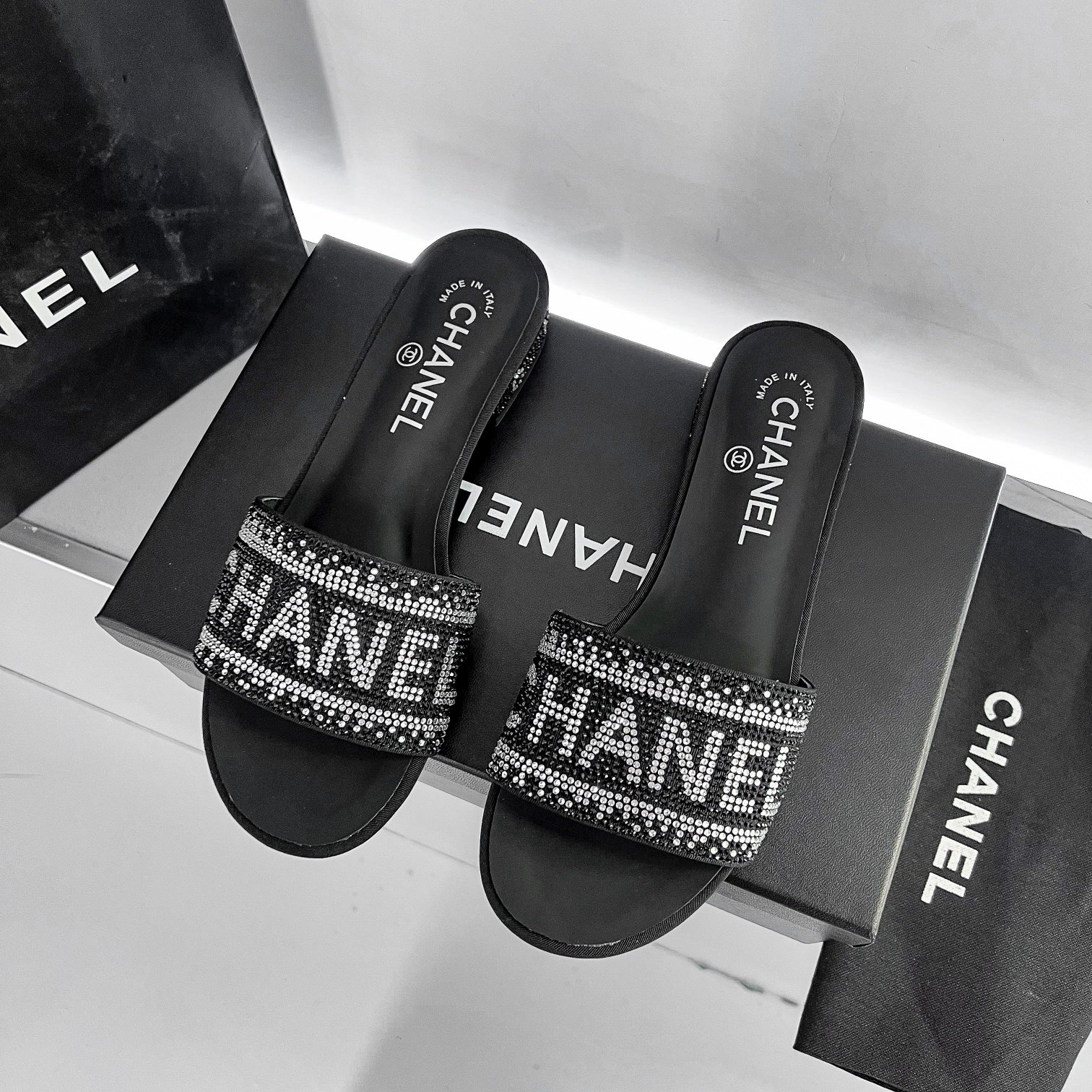 Chanel 24P Beaded Diamond Slippers Black