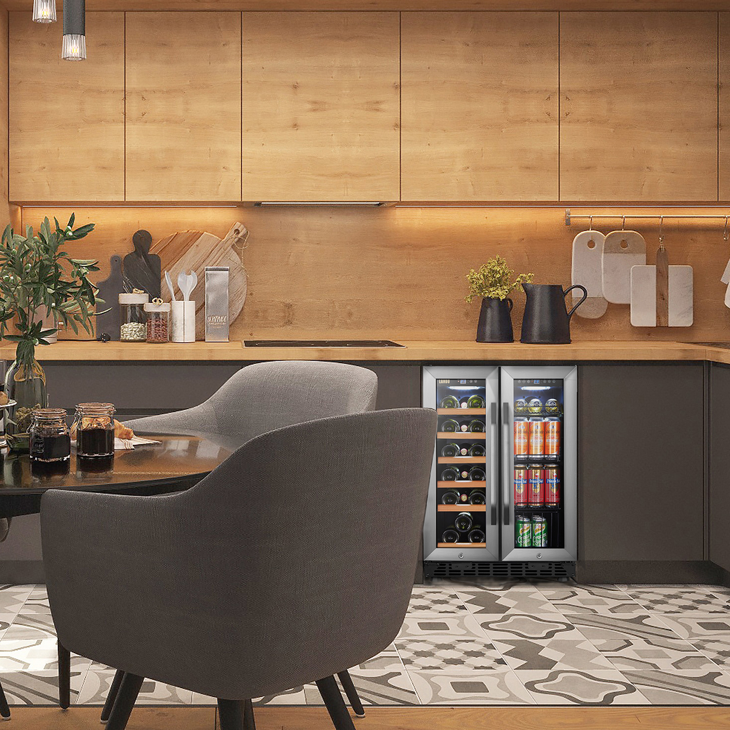 Lanbo - Freestanding/Built-In 23.4'' width 18 Bottle 56 Can Dual Zone Combo Wine and Beverage Cooler - Black