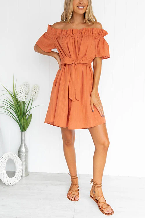 Off Shoulder Ruffle Midi Dress with Tie WaistClistos