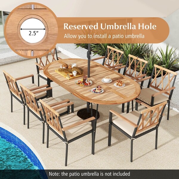 Gymax 79'' Patio Dining Table w/ Umbrella Hole Acacia Wood Tabletop and