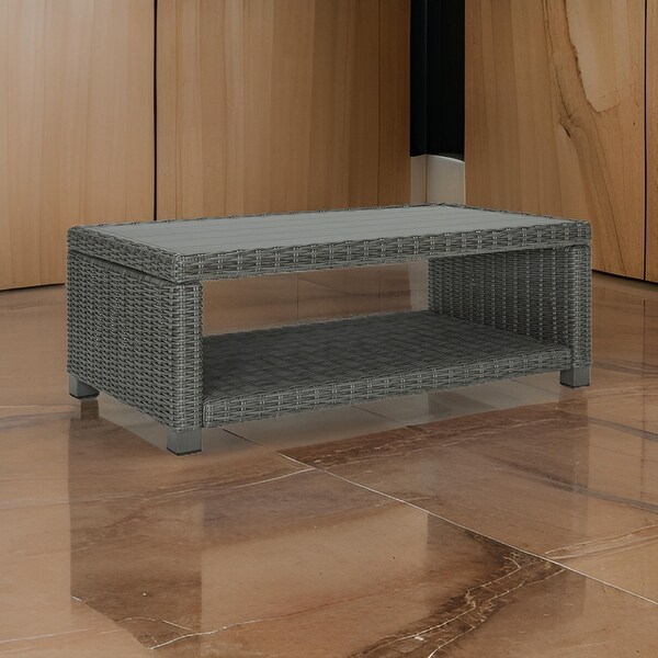 Ellie 50 Inch Outdoor Coffee Table,Lower Shelf,Gray Resin Wicker,Metal