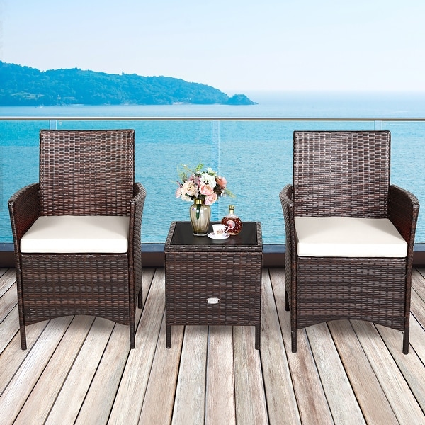 Costway 3PCS Patio Rattan Furniture Set Cushioned Sofa Glass Tabletop
