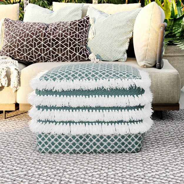 Ari Square Woven Pet Polyester Pouf Turquoise white Wyndenhall