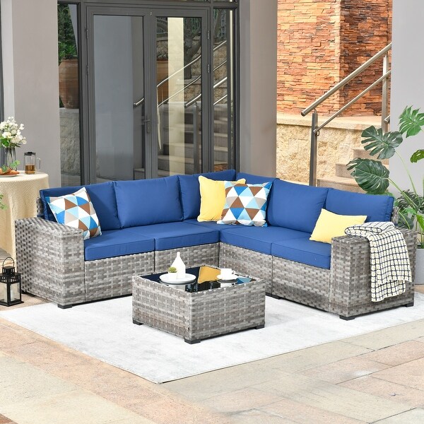 OVIOS Patio Wicker Furniture Wide Arm 6piece Set with Table