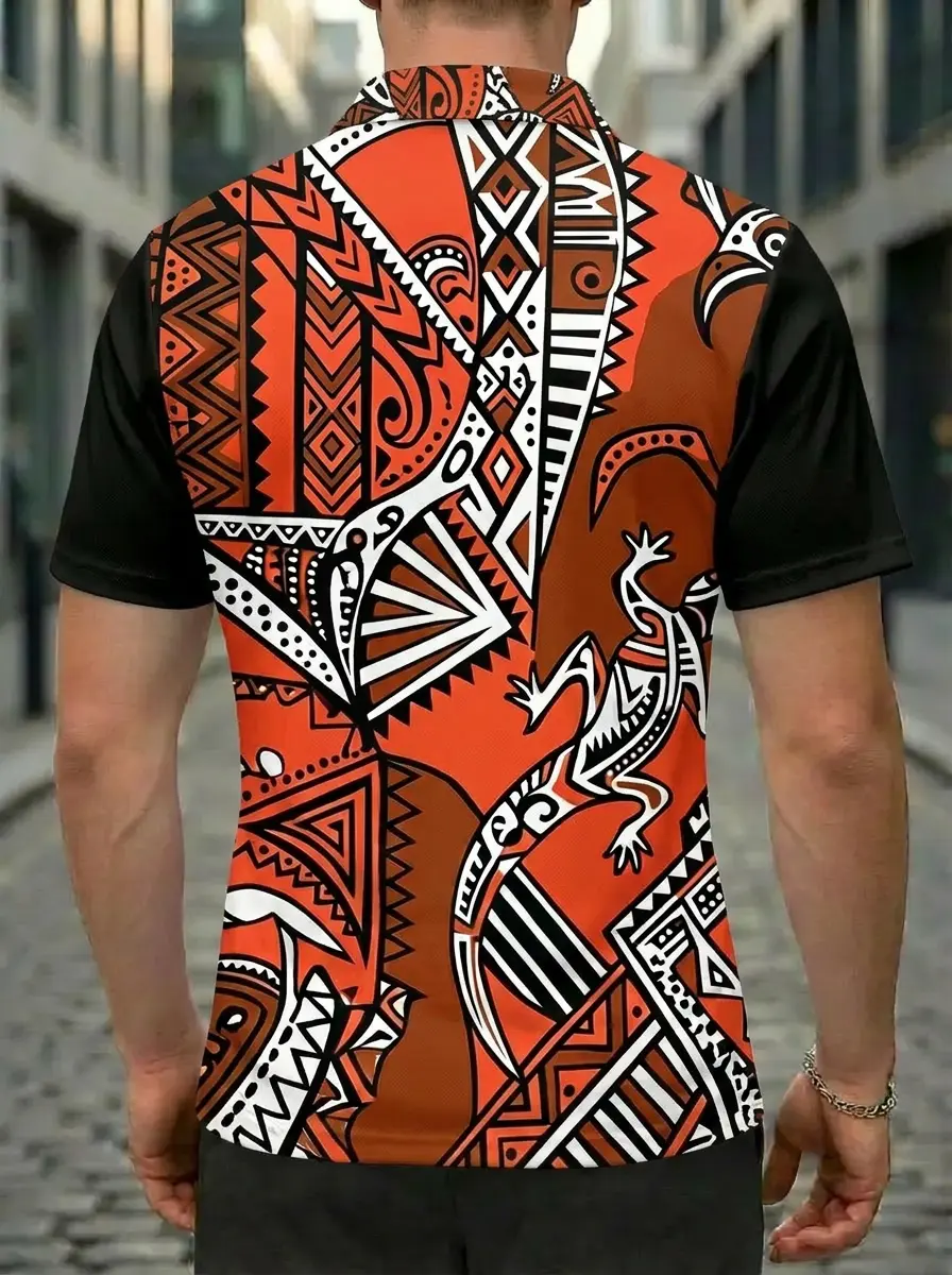 Moisture Wicking Golf Polo 3D Orange Black White Tribal Gecko Button Short Sleeve Golf Polo Shirt