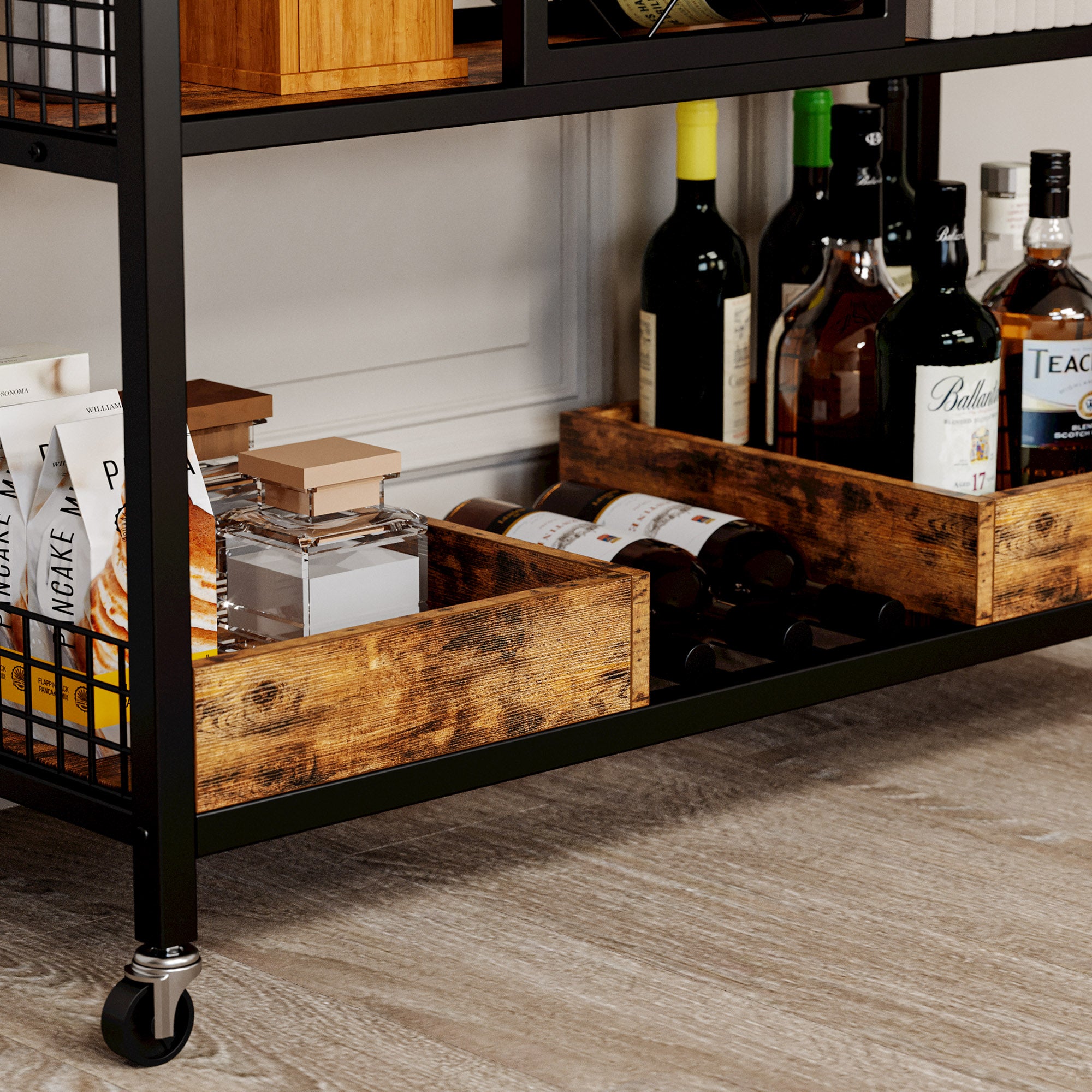 IRONCK Wine Rack Table, Industrial Bar Cart on Wheels Kitchen Storage Cart for the Home, Rustic Brown