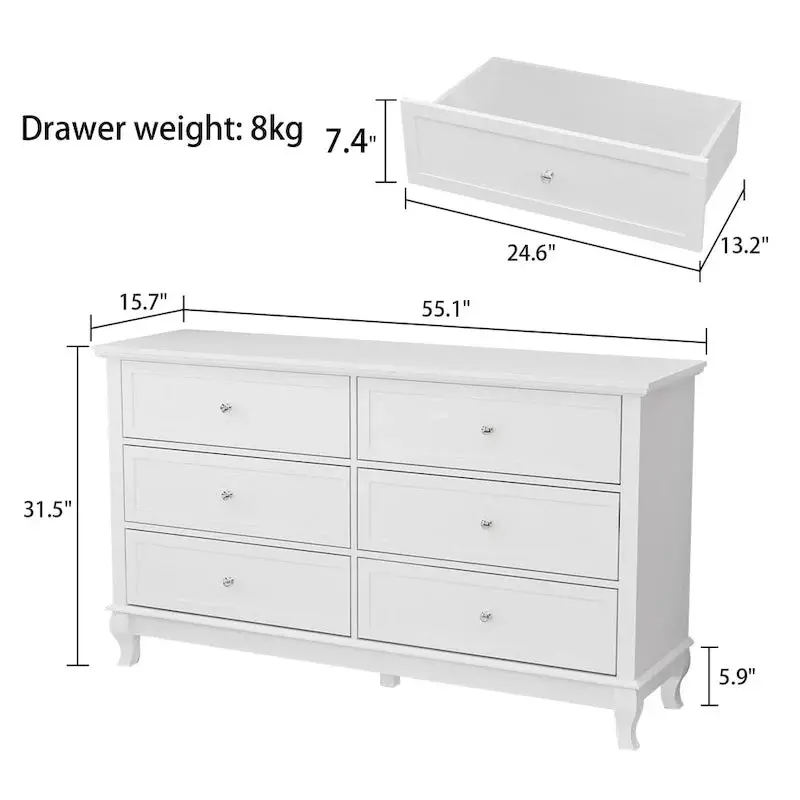 Wooden Six-Drawer Dresser – Spacious Double Dresser with Deep Compartments