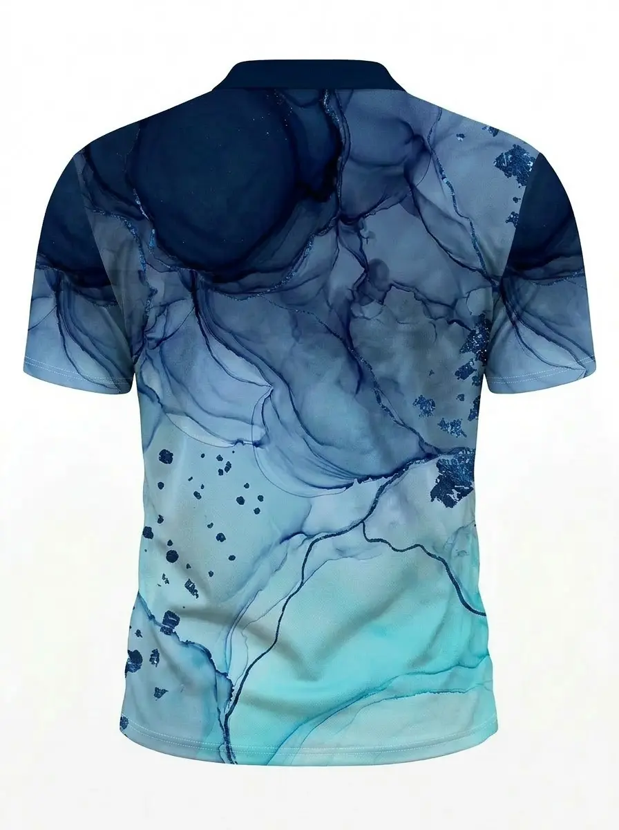 Moisture Wicking Golf Polo 3D Blue Ink Marble Button Short Sleeve Golf Polo Shirt