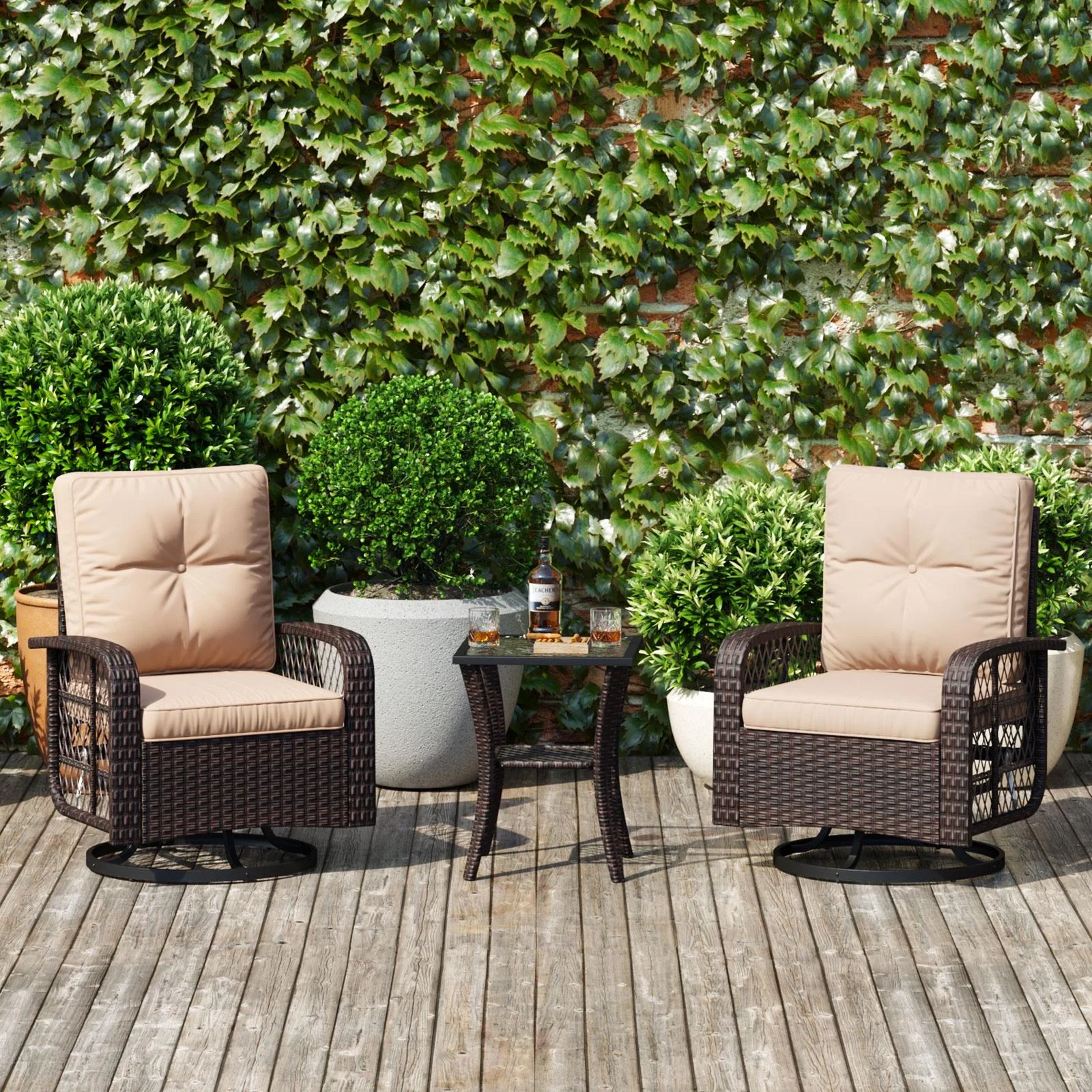 Aoxun 3 Piece Patio Chairs Set, Swivel Rocking Chairs for Patio, Wicker Bistro Set with Beige Cushions, Outdoor Swivel Rocker