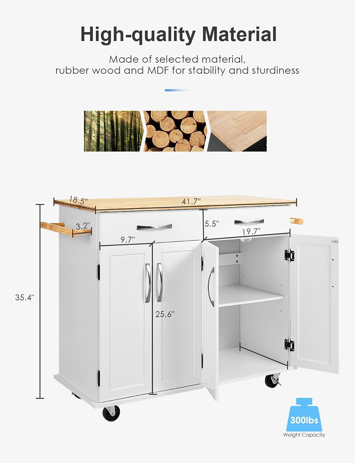 Homfa Kitchen Island on Wheels, Rolling Island Cart with Lockable Casters, Handle Towel Rack and 2 Drawers, White