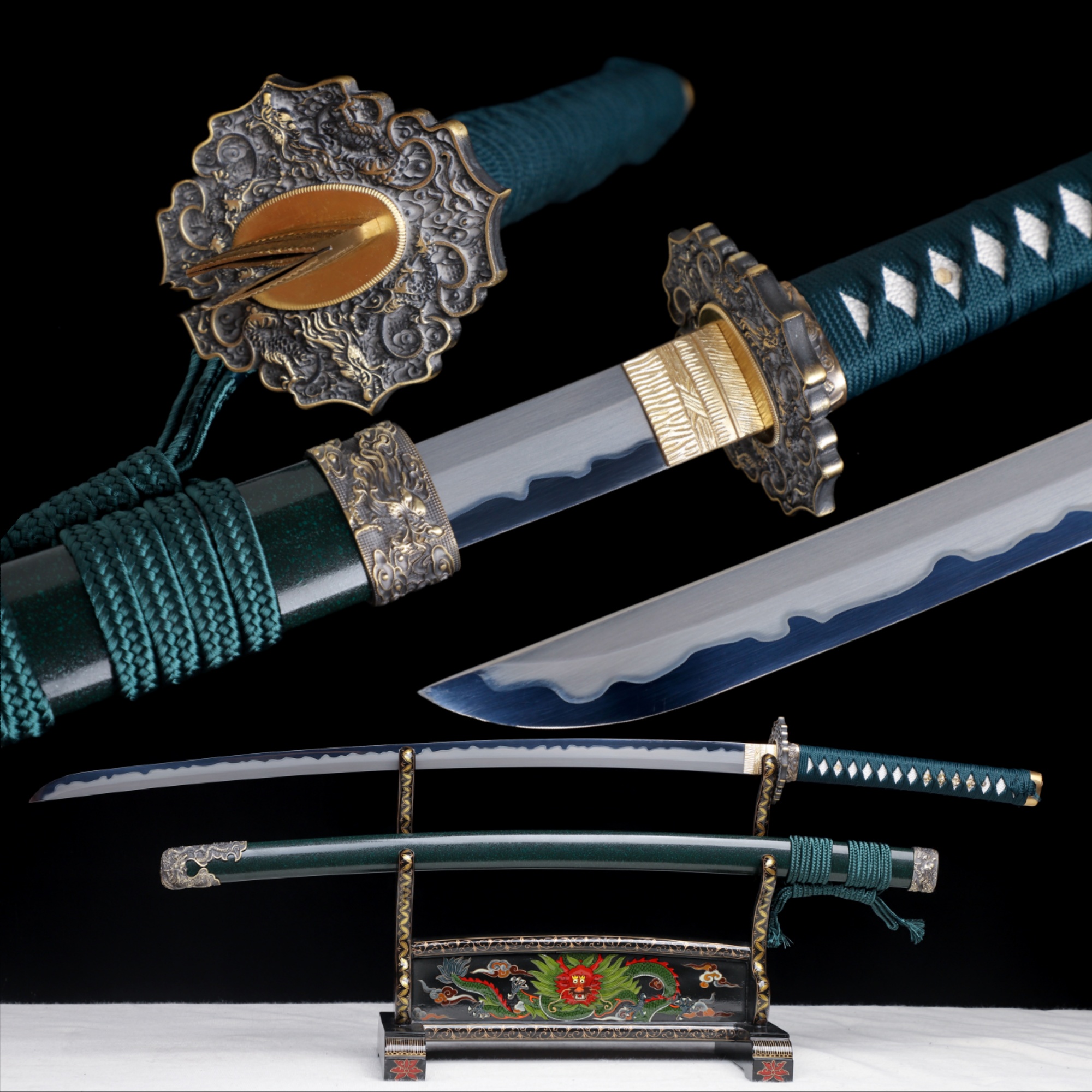 Handmade Katana 9260 Spring Steel Blue Edge Dragon Tsuba Full Tang