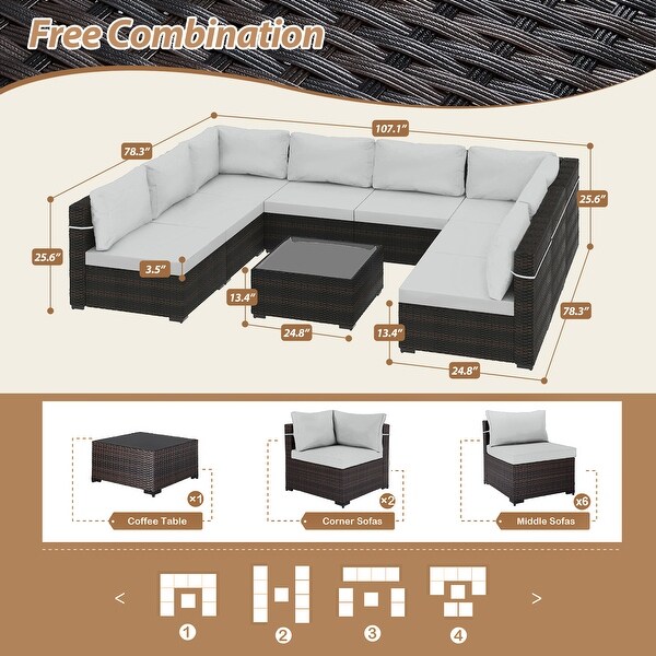 UPHA 9piece Cushioned Wicker Patio Conversation Seating Set