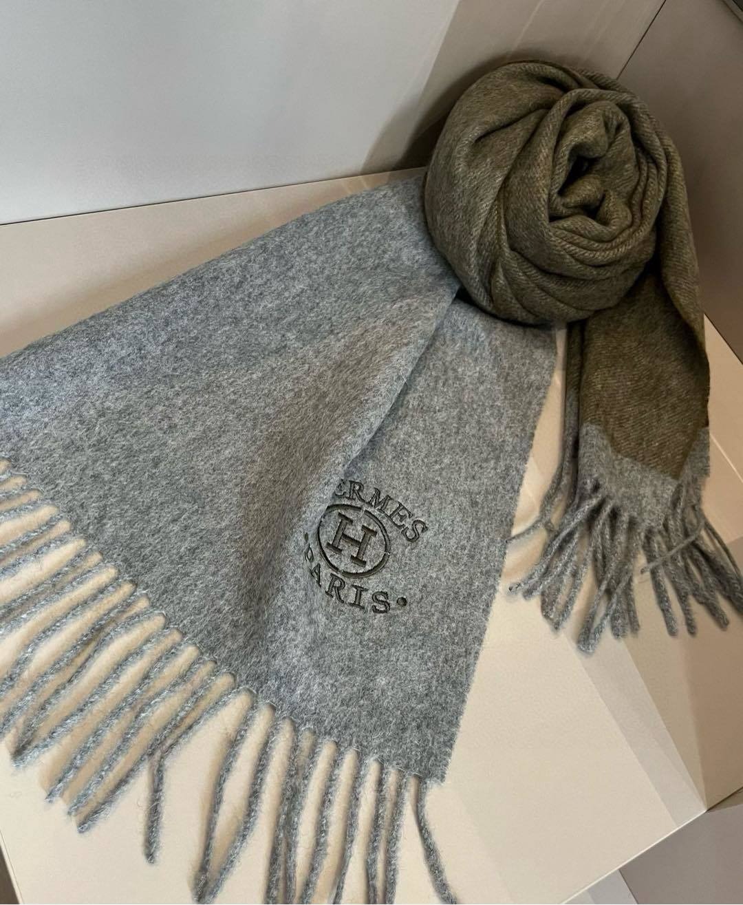 Hermes Cashmere Scarf Colorblock Brown Grey For Women 180cm