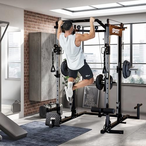 Power Cage, Multi-Functional Power Racks for Home Gym with Cable System, 1600LBS Weight Capacity Fitness Reality Squat Rack for Strength Workout with More Training Attachment,Black