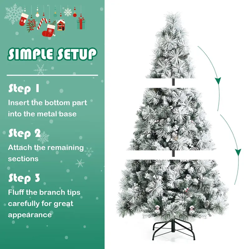 Snow-Flocked Artificial Pine Tree with Pinecones and Red Berries – Hinged Design