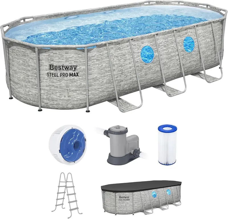 Power Steel Swim Vista II Above-Ground Pool – 14′ x 8’2″ x 39.5″ Outdoor Swimming Set with Filter Pump, Ladder & Cover