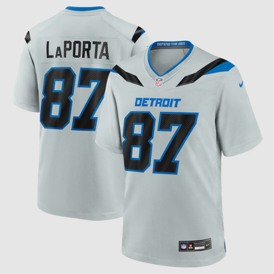 Men's Detroit Lions Sam LaPorta #87 Silver 2026 Rivalries Collection Game Jersey
