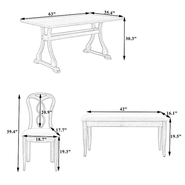 Trestle Dining Table Set with Upholstered Dining Chairs and Dining Bench