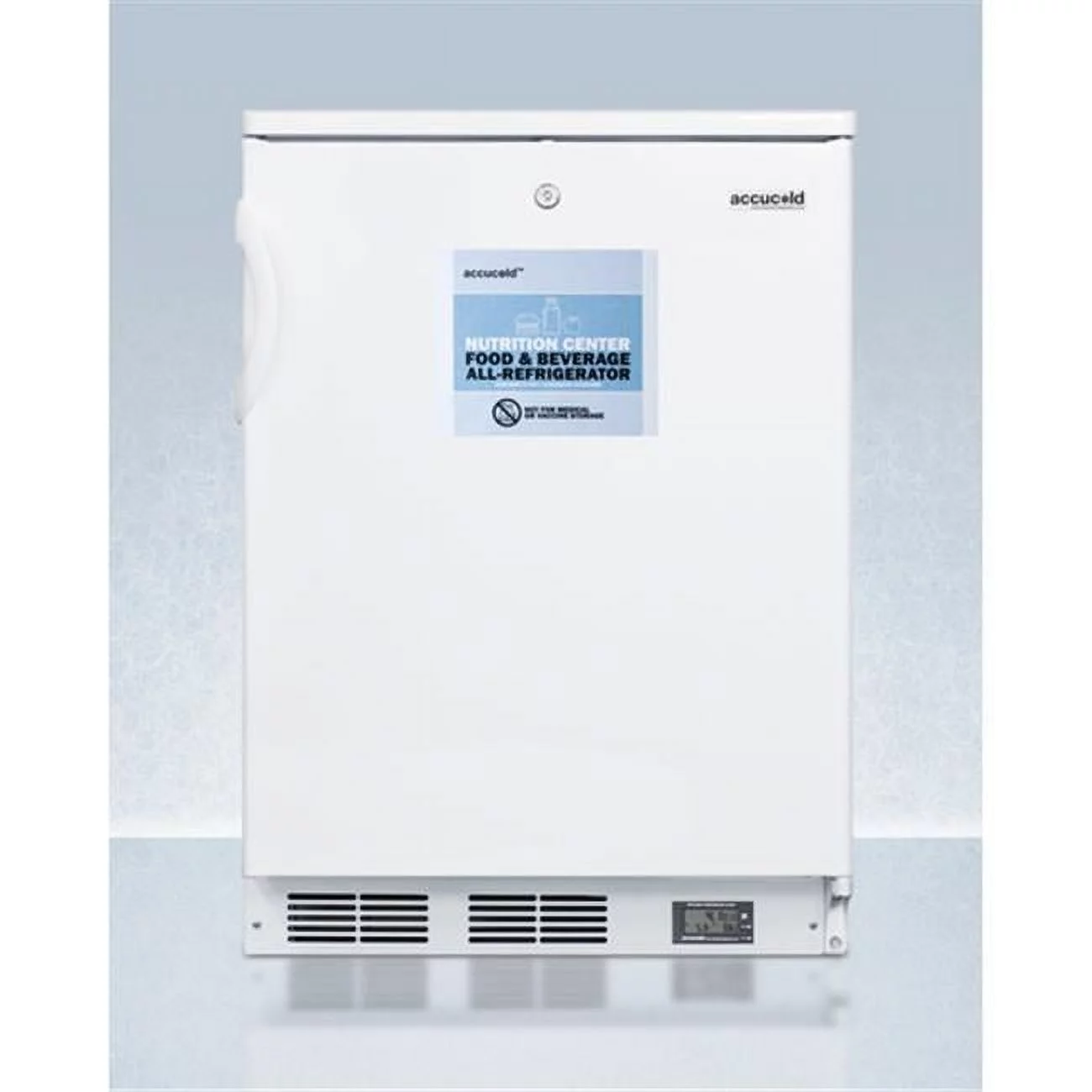Commercially approved Nutrition Center series all-refrigerator in white for built-in or freestanding use, with front lock and digital temperature display