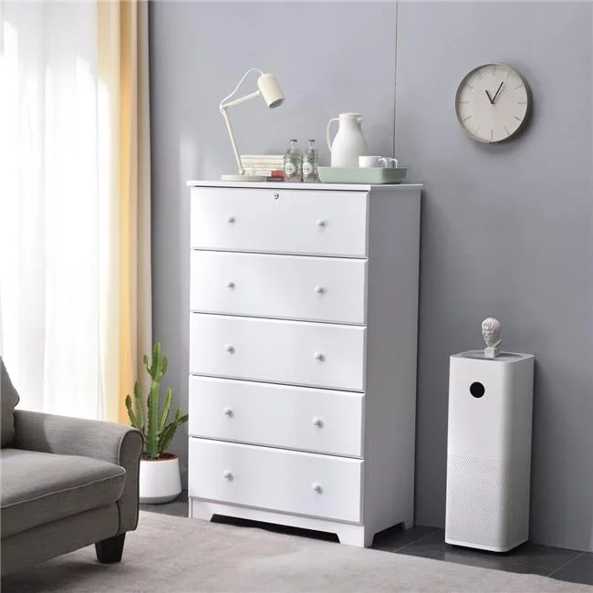 54.25- L x 32.5- W x 17.5- in. Isabela Solid Pine Wood 5 Drawer Chest Dresser, White