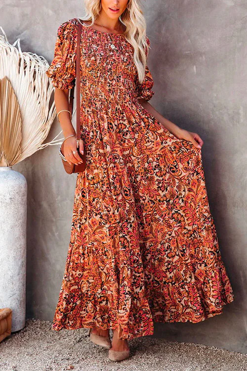 Smocked Puff Sleeve Tiered Maxi DressClistos