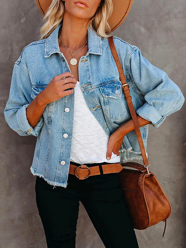 Distressed Denim Jacket with Raw HemClistos