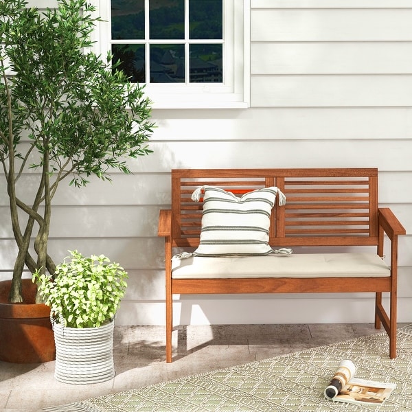 2Person Solid Wood Patio Bench with Backrest and Cushion