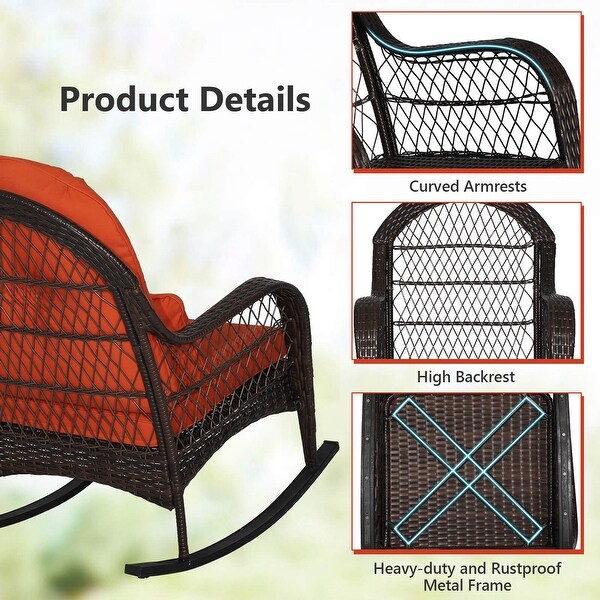 Costway Patio Wicker Rocking Chair W/Seat Back Cushions and Lumbar