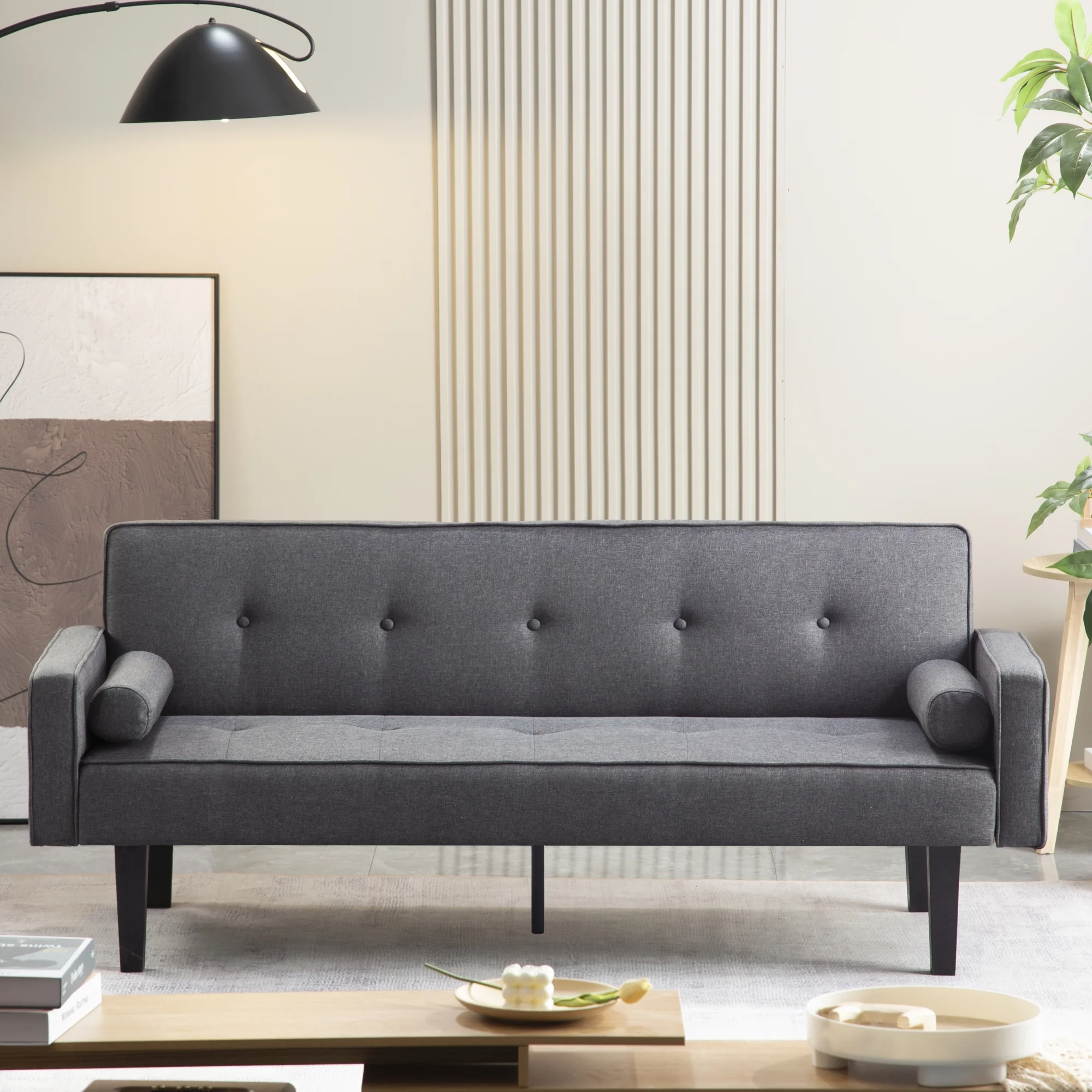 Futon Sofa Bed Convertible Couch Bed with Armrests Modern Living Room Linen Sofa Bed, Folding Recliner Futon Couch Sleeper Set with Solid Wood legs