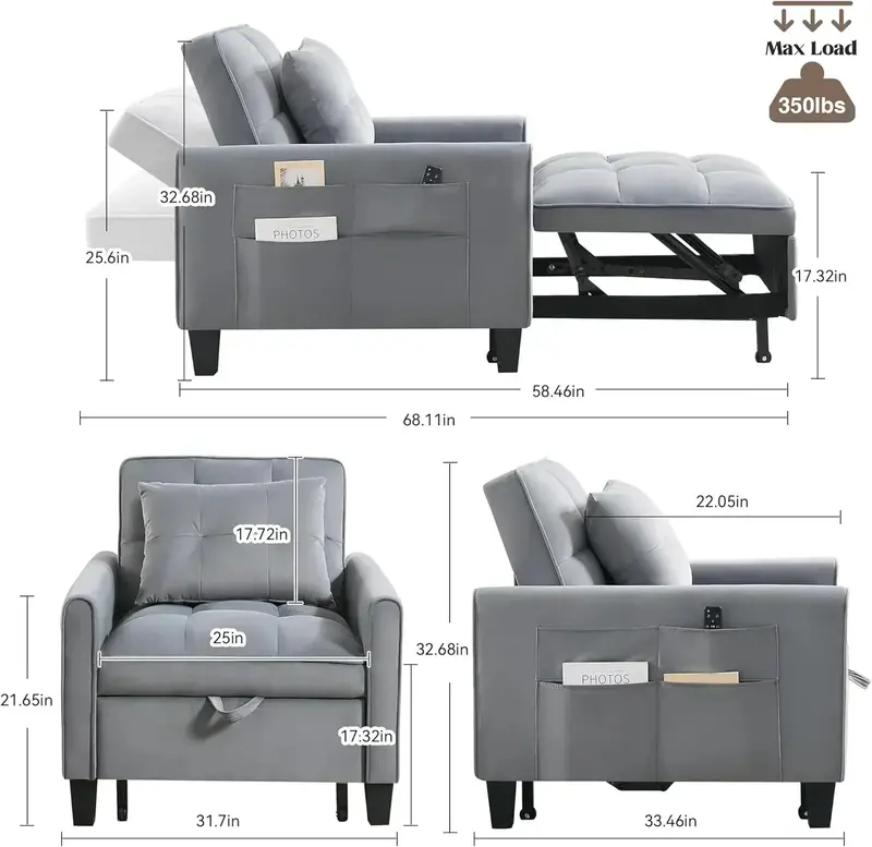Velvet 3-in-1 Sleeper Chair – Compact Convertible Sofa Bed with Pull-Out Frame